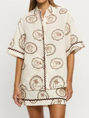 Printed Button Up Shirt and Skirt Set OutfitFlow