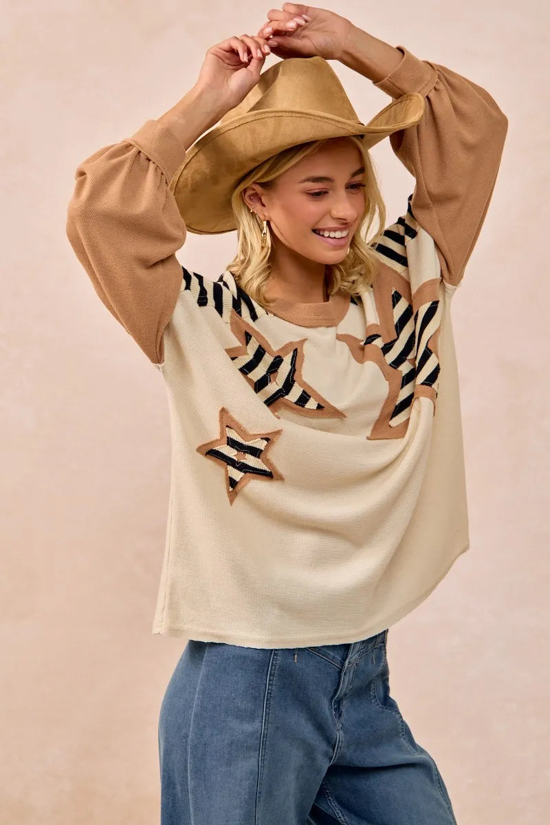 BiBi Star Patchwork Mixed Long Sleeve Top OutfitFlow