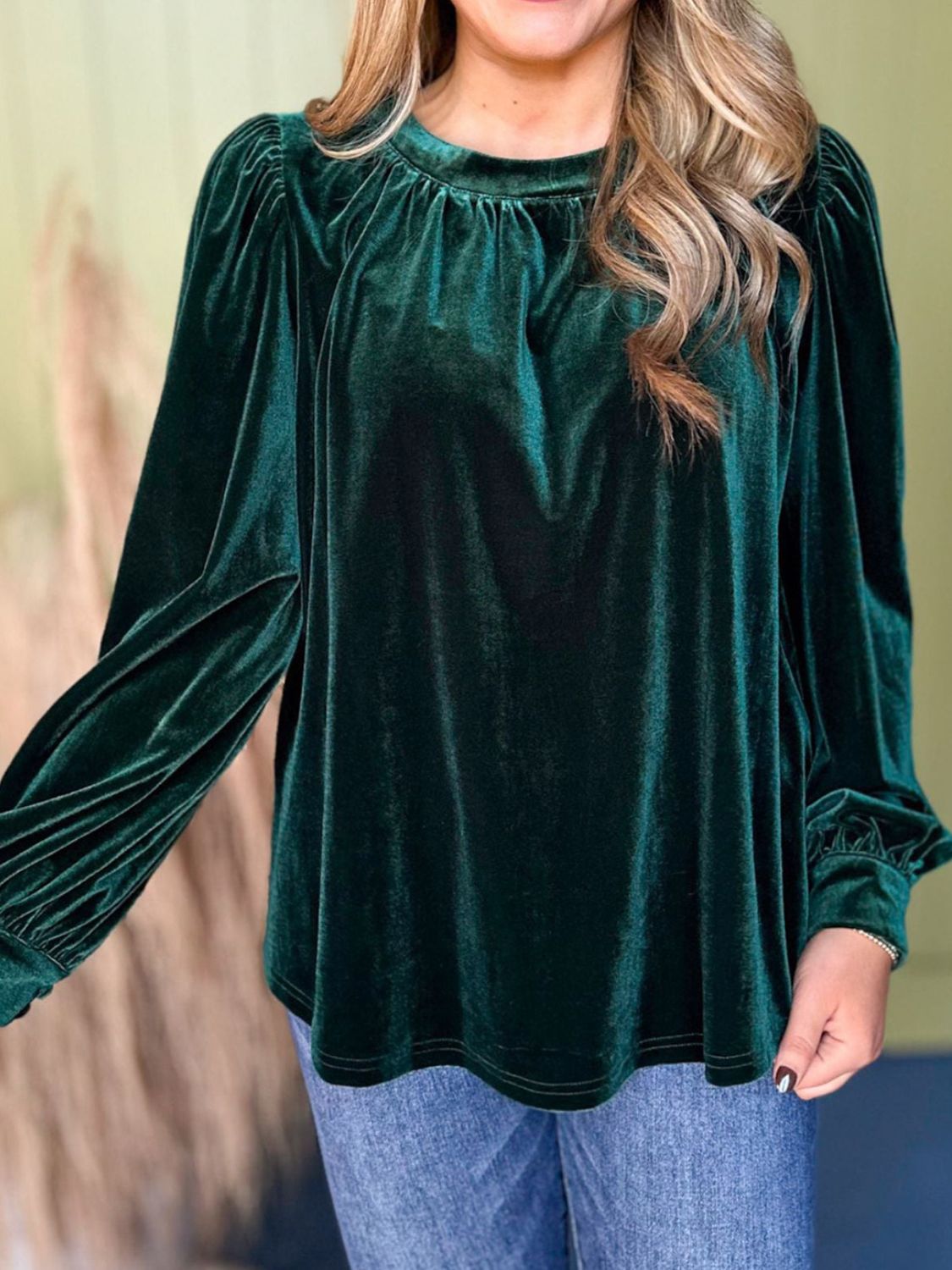 Outfit Flow - Ruched Round Neck Long Sleeve Blouse