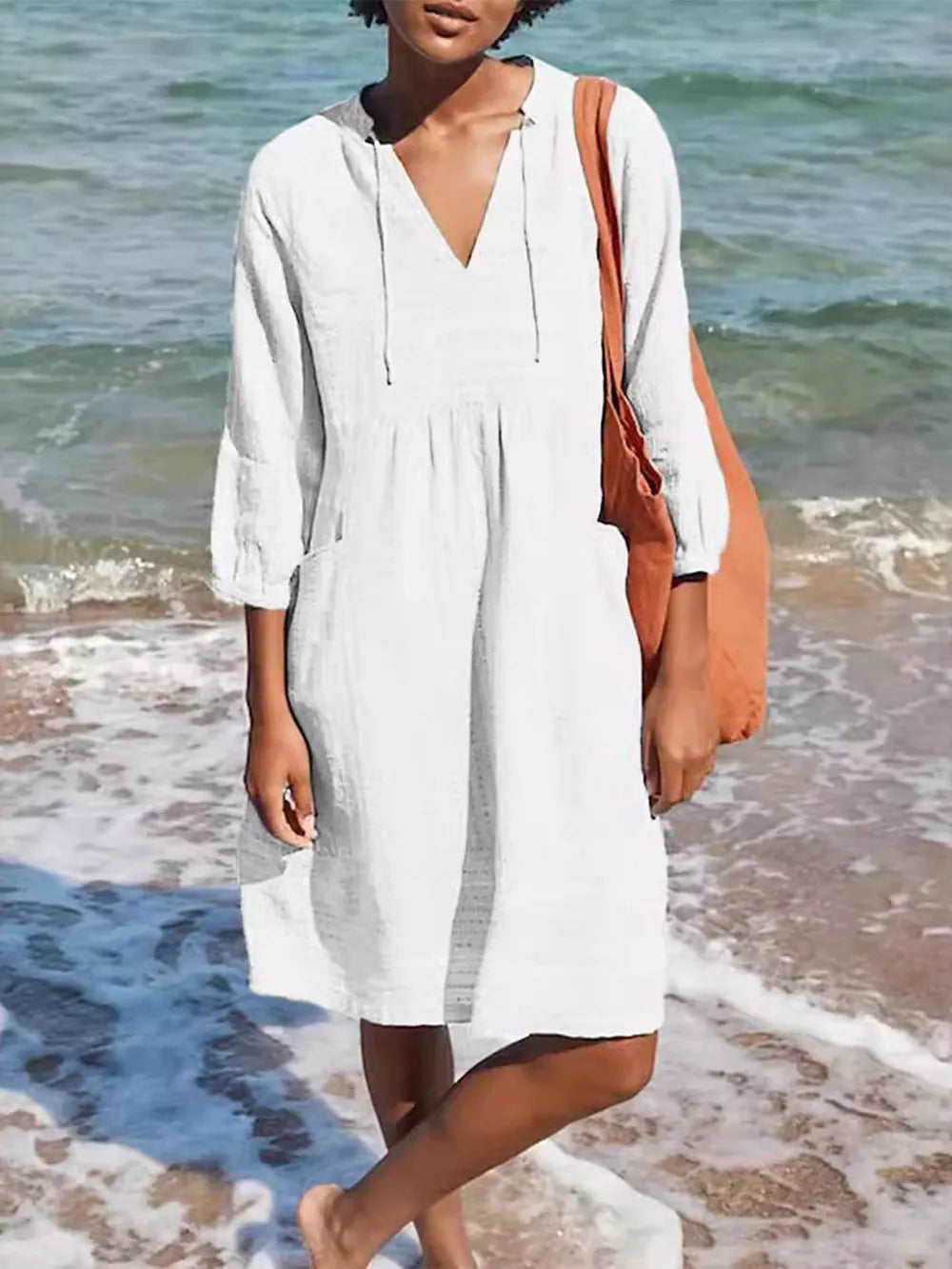 Full Size Tied Three-Quarter Sleeve Mini Dress White OutfitFlow