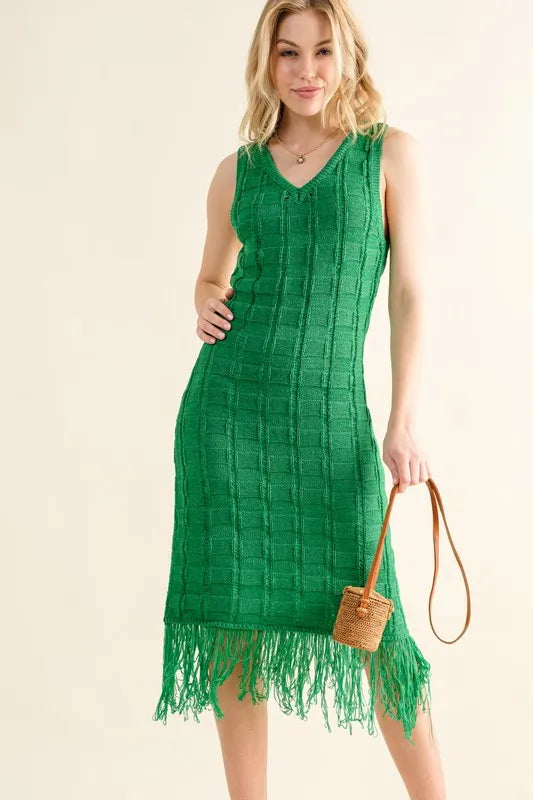 And The Why Checkerboard Drop-Needle Fringe Sleeveless Dress Green OutfitFlow