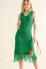 And The Why Checkerboard Drop-Needle Fringe Sleeveless Dress Green OutfitFlow