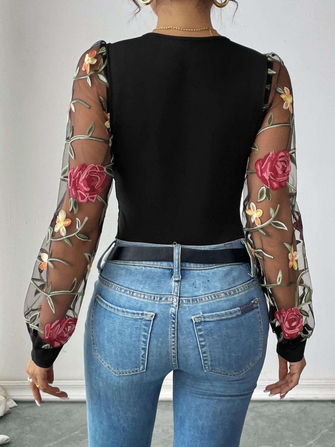 Outfit Flow - Perfee Embroidered V-Neck Long Sleeve Bodysuit