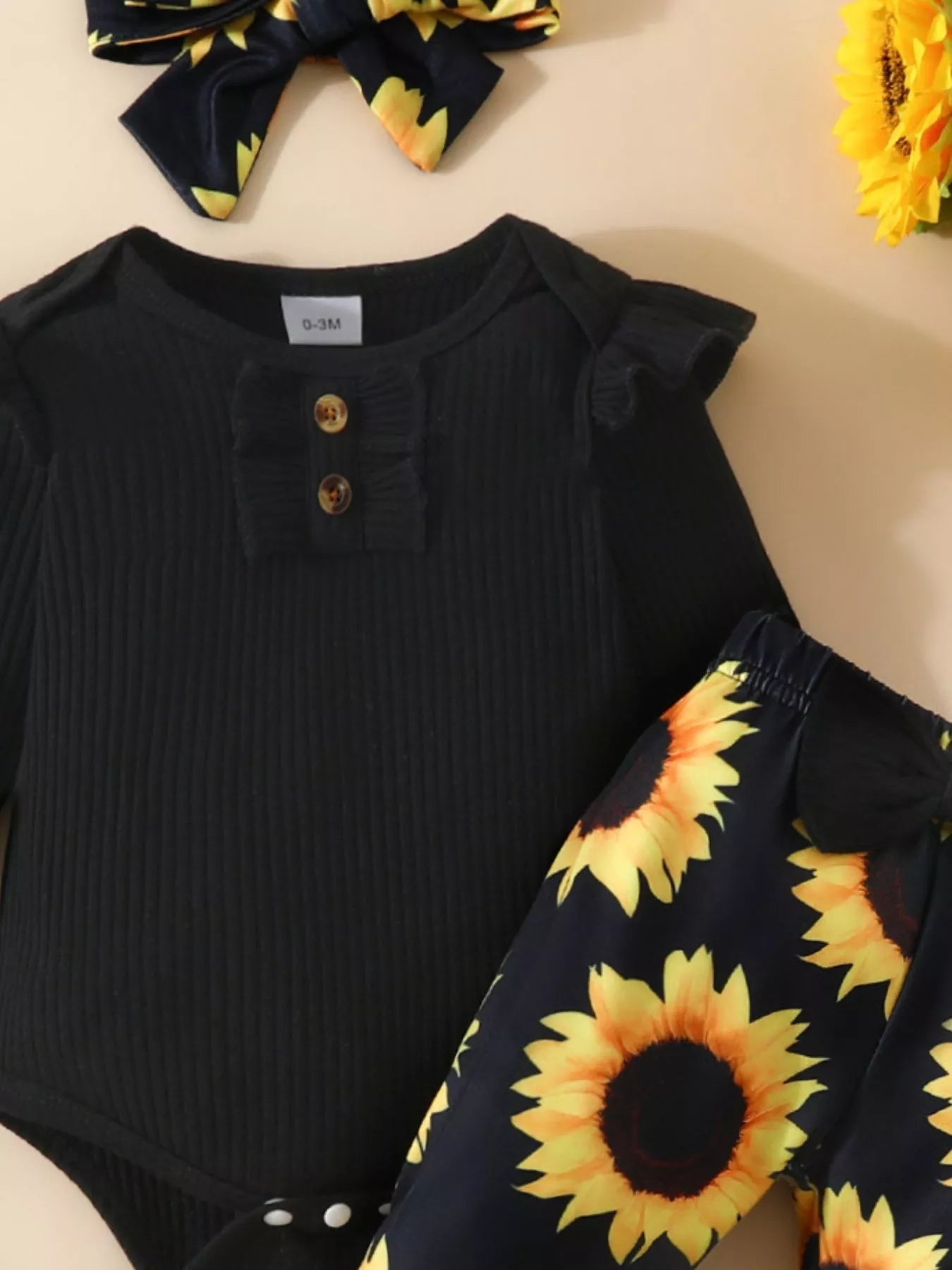 Children's Ruffled Ribbed Top and Sunflower Pants Set Trendsi