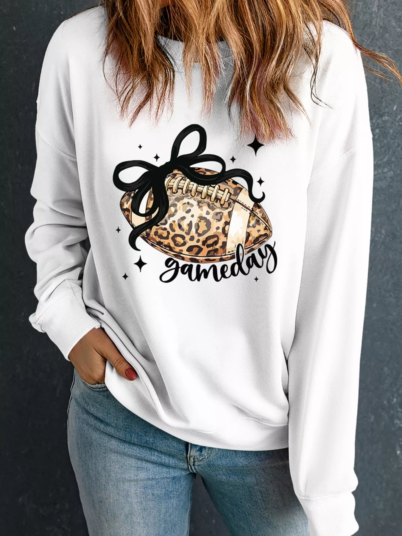 Game Day Leopard Rugby Graphic Customized Crew Neck Sweatshirt Trendsi