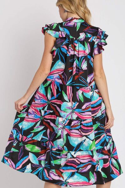 Umgee Full Size Leaf Print Double Layered Ruffle Sleeve Tiered Midi Dress Plus Size OutfitFlow