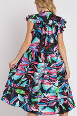 Umgee Full Size Leaf Print Double Layered Ruffle Sleeve Tiered Midi Dress Plus Size OutfitFlow