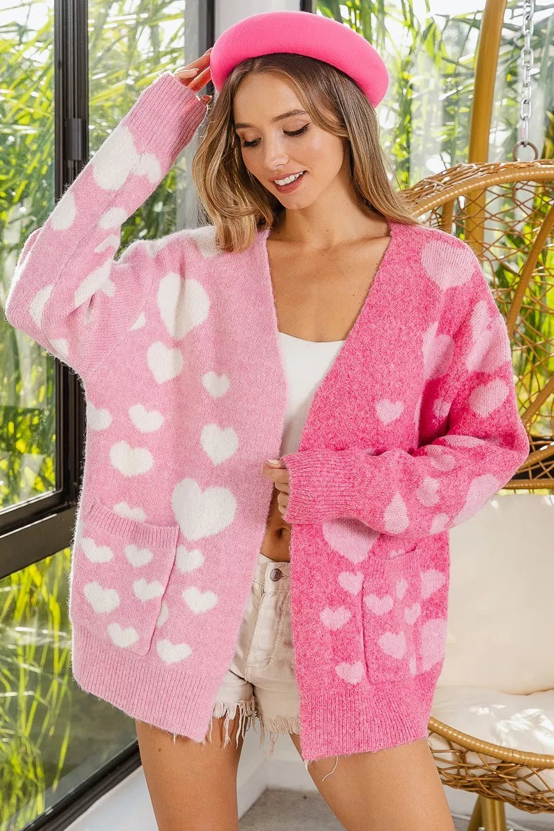 BiBi Heart Color Block V-Beck Knit Cardigan with Pockets OutfitFlow