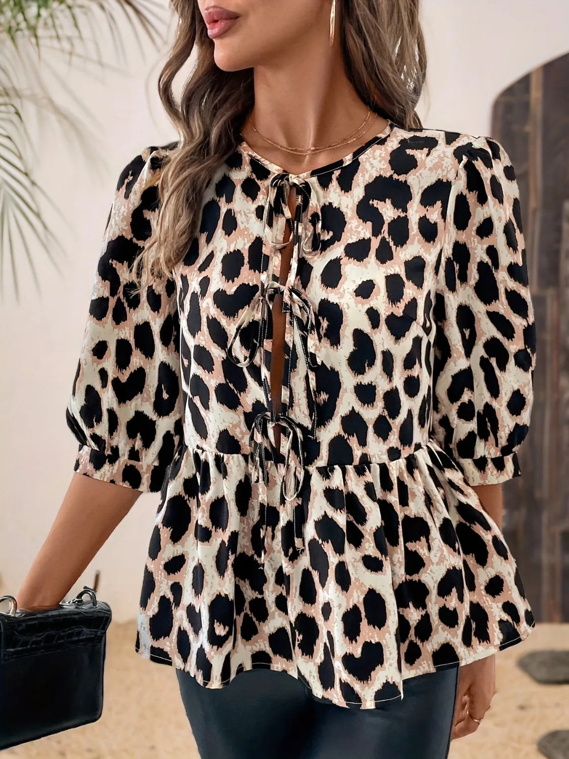 Tied Leopard Round Neck Half Sleeve Blouse OutfitFlow