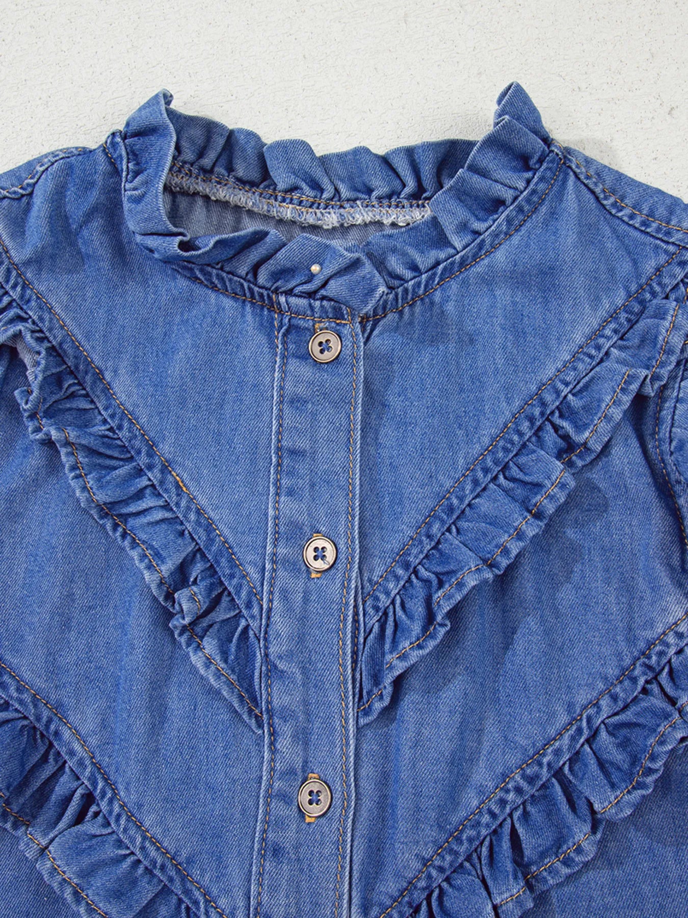 Mineral Wash Cap Sleeve Frilled Button Up Denim Shirt OutfitFlow