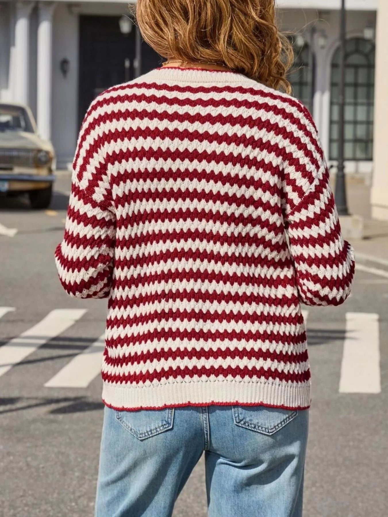 Striped Zigzag Knit Round Neck Sweater Trendsi