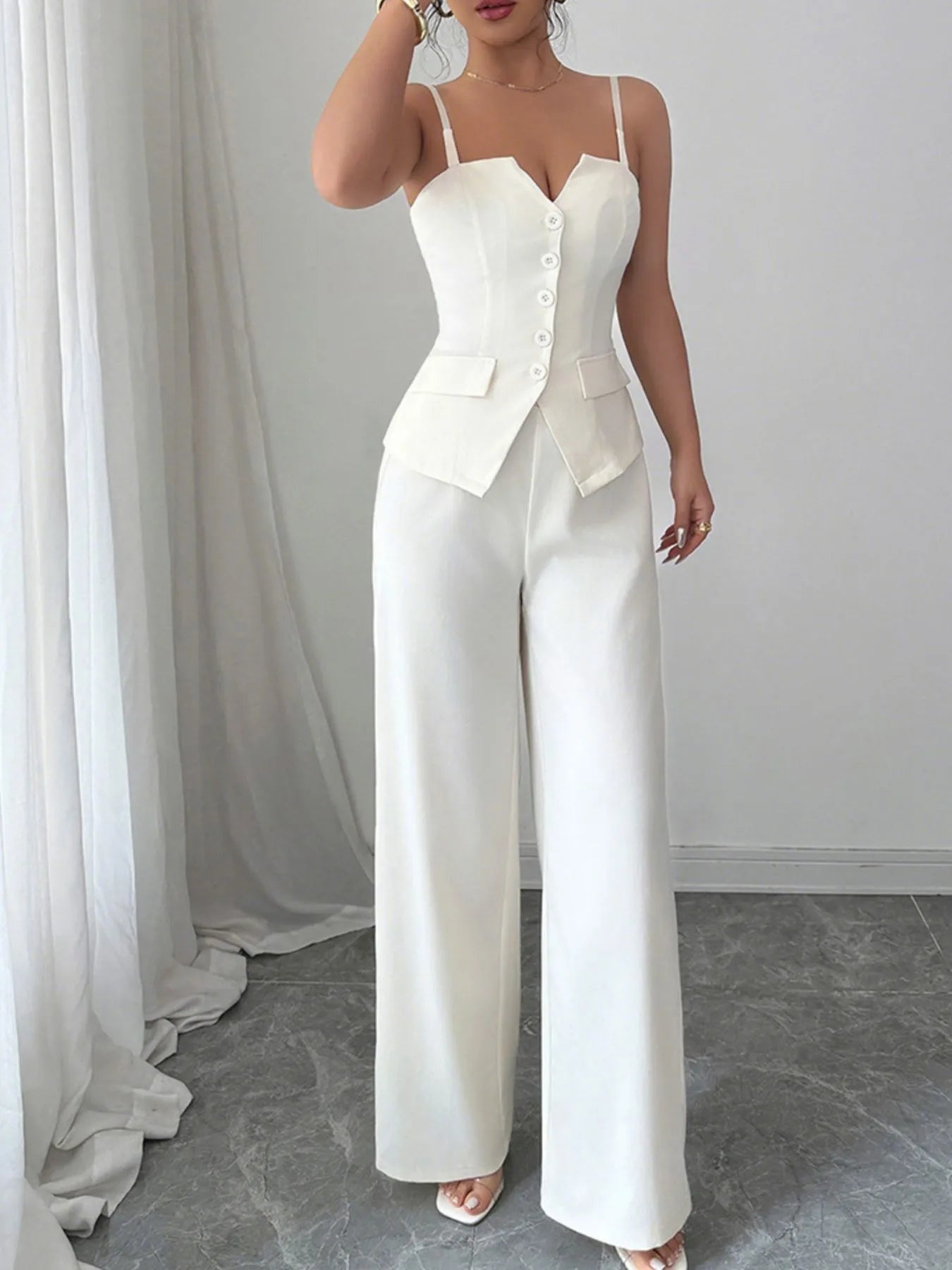 Button Front Cami and Pants Set OutfitFlow