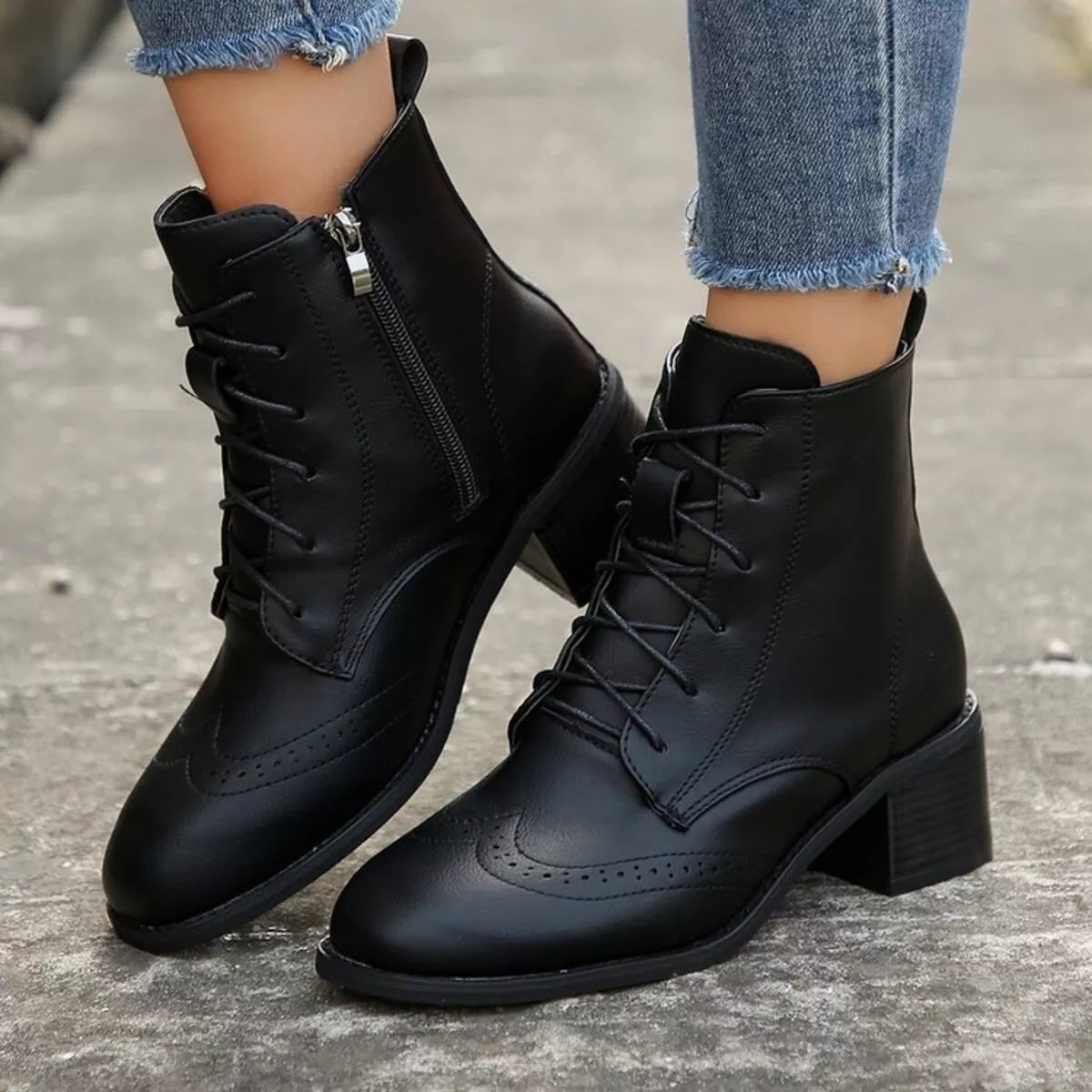 Lace-Up Ankle Boots with Zipper Black Trendsi