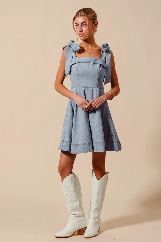 SO ME A Line Fit and Flare Diamond Bow Ribbon Denim Dres OutfitFlow