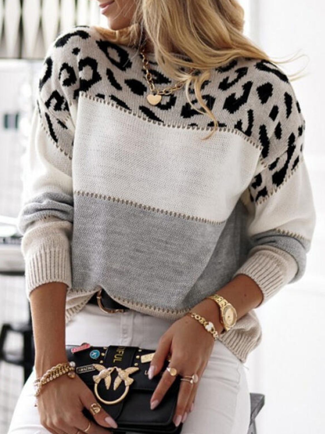 Outfit Flow - Leopard Color Block Round Neck Long Sleeve Sweater