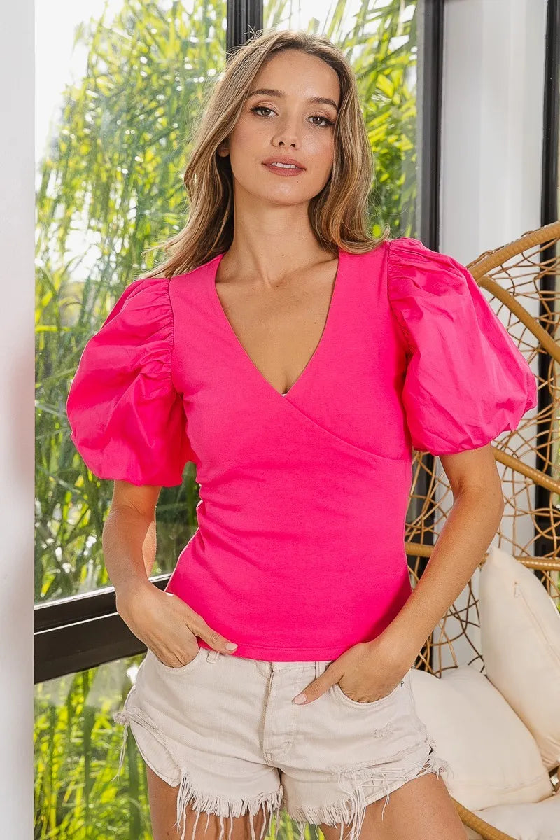BiBi Front Wrap V-Neck Puff Sleeve Rib Knit Top OutfitFlow