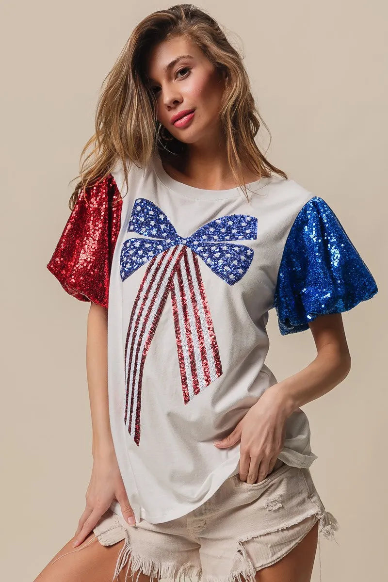 BiBi Sequin American Flag Bow Top OutfitFlow