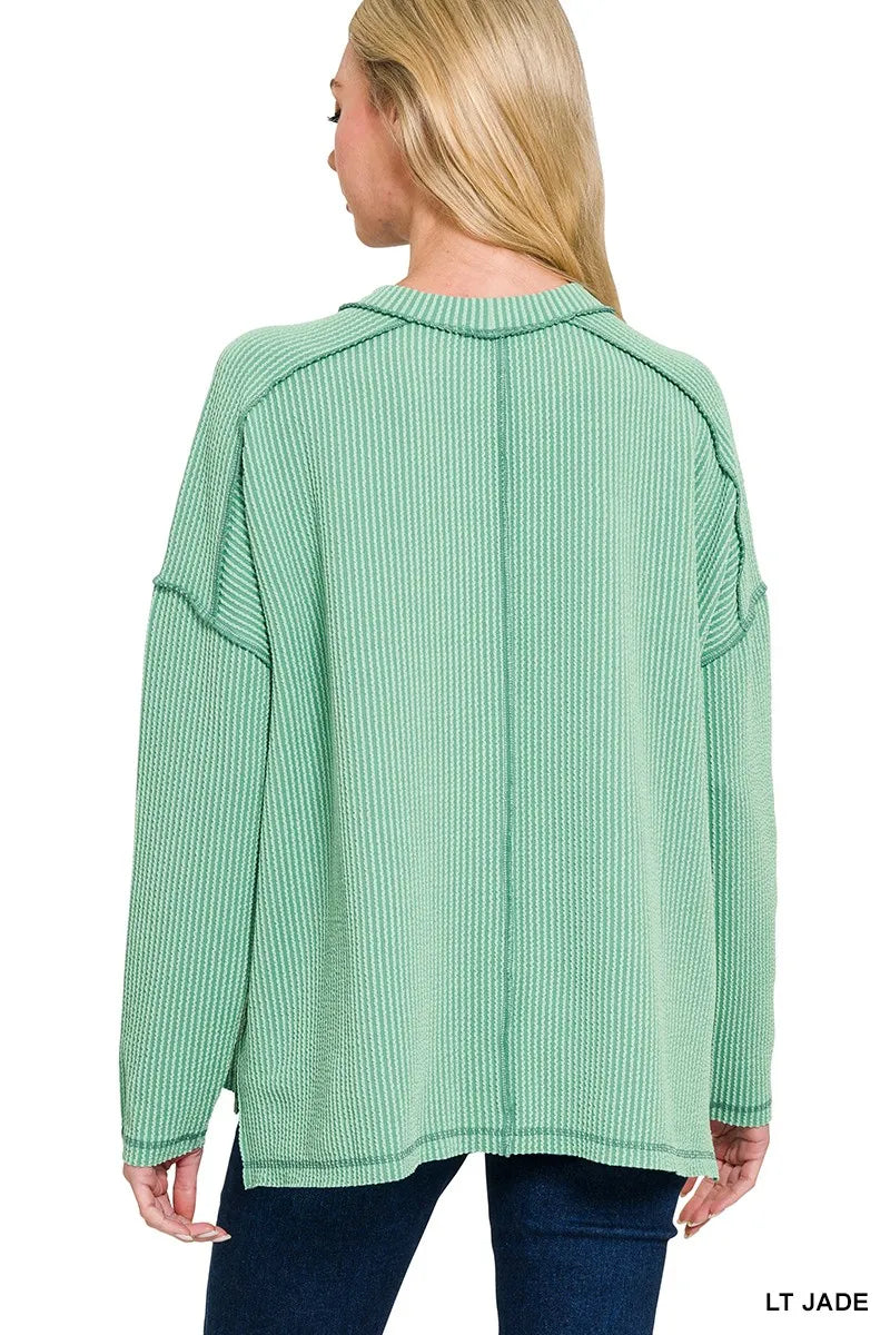 Zenana Exposed Seam Long Sleeve Corded Rib Knit Top OutfitFlow