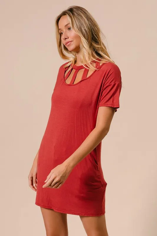 BiBi Front Cutout Mini Tee Dress with Pockets OutfitFlow