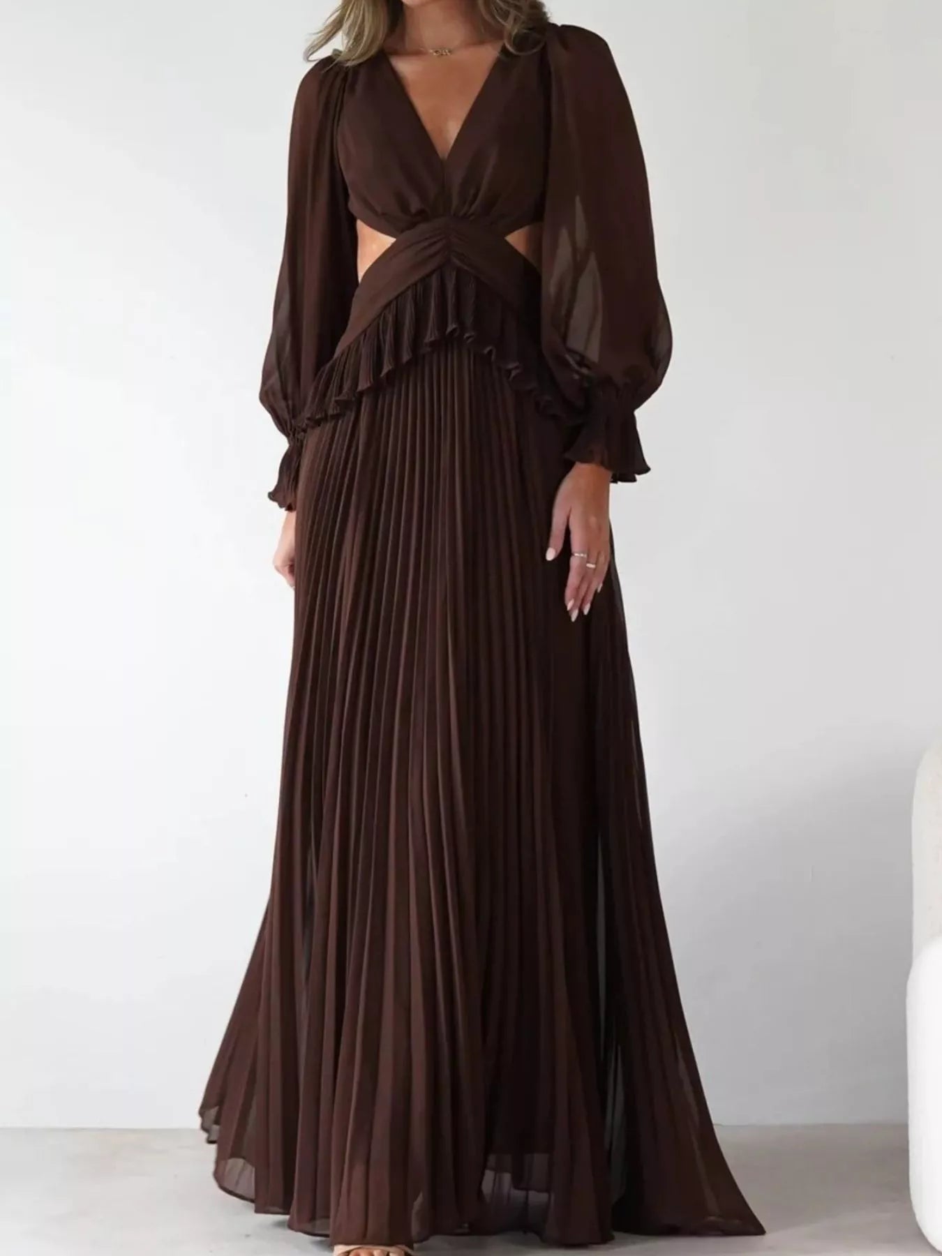 Backless Pleated Long Sleeve Maxi Dress Brown OutfitFlow