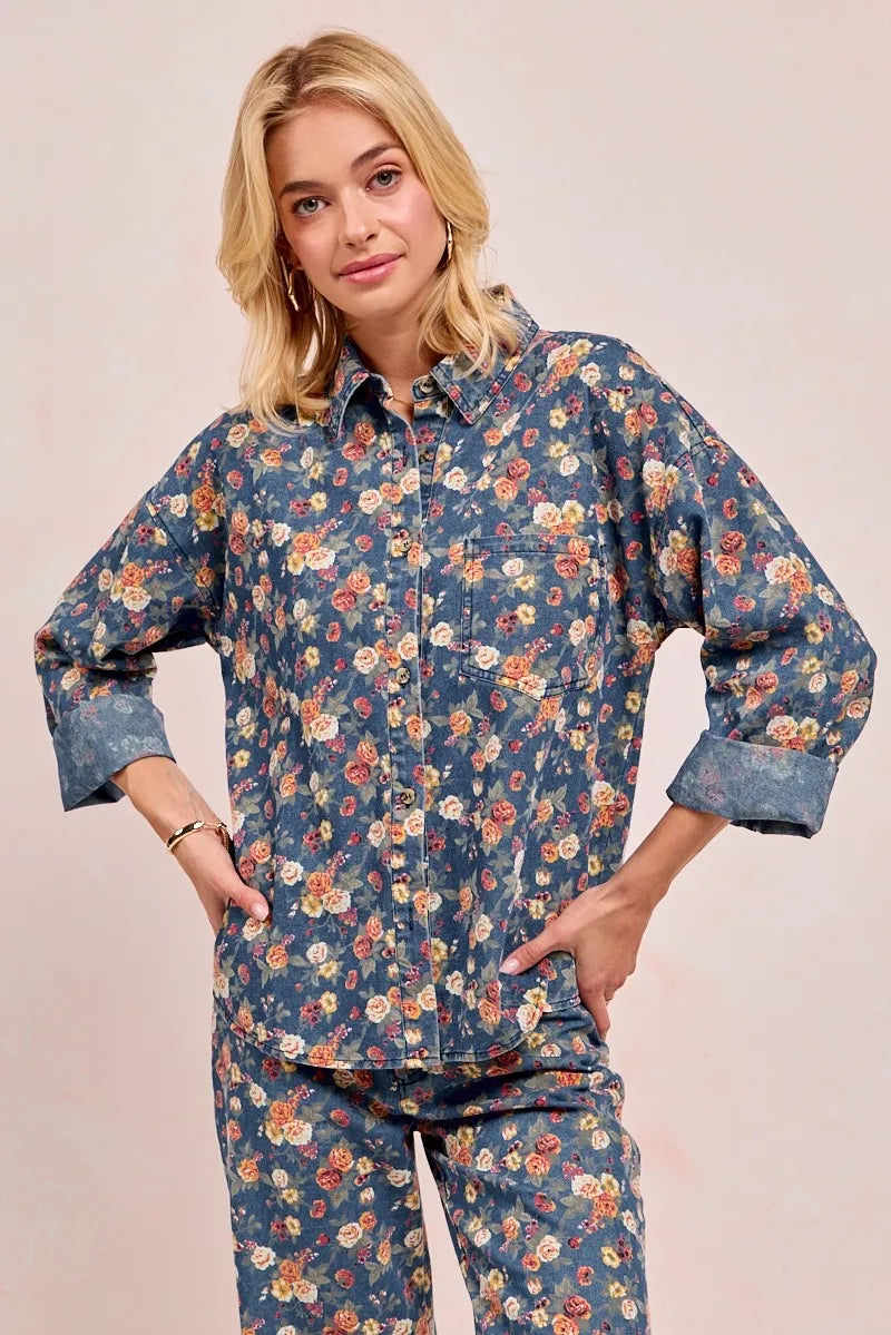 BiBi Washed Floral Print Denim Jacket OutfitFlow
