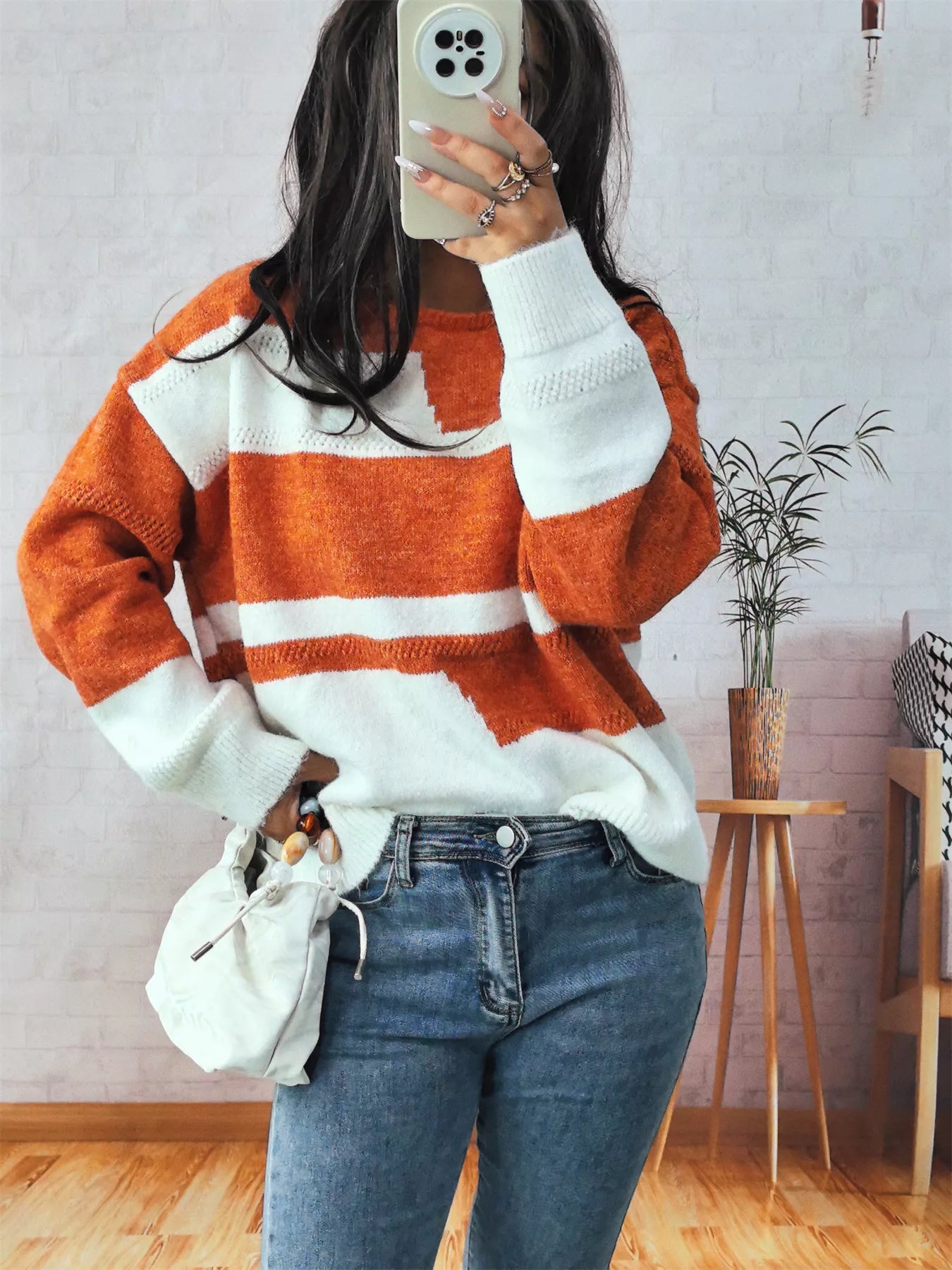 Color Block Round Neck Sweater OutfitFlow
