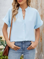Notched Short Sleeve Blouse OutfitFlow