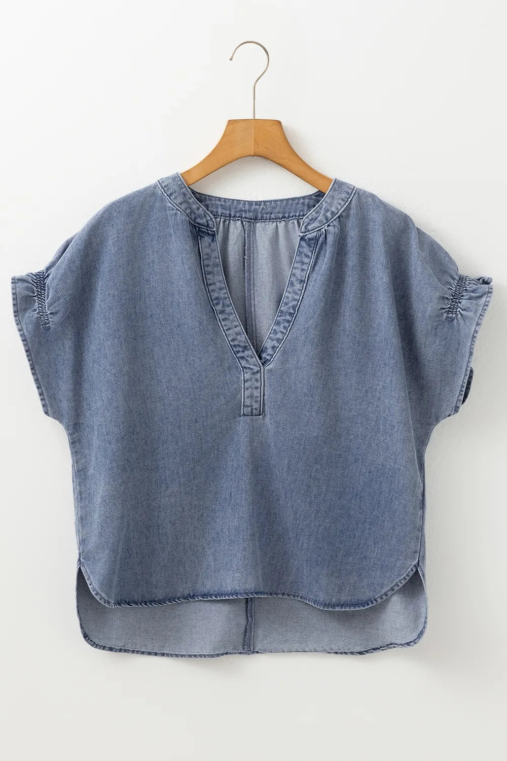V Neck Ruffled Short Puff Sleeve Denim Top OutfitFlow