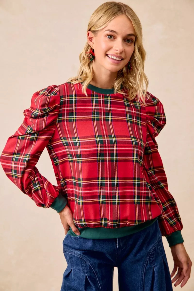 BiBi Christmas Plaid Exaggerated Shoulder Sleeves Top OutfitFlow