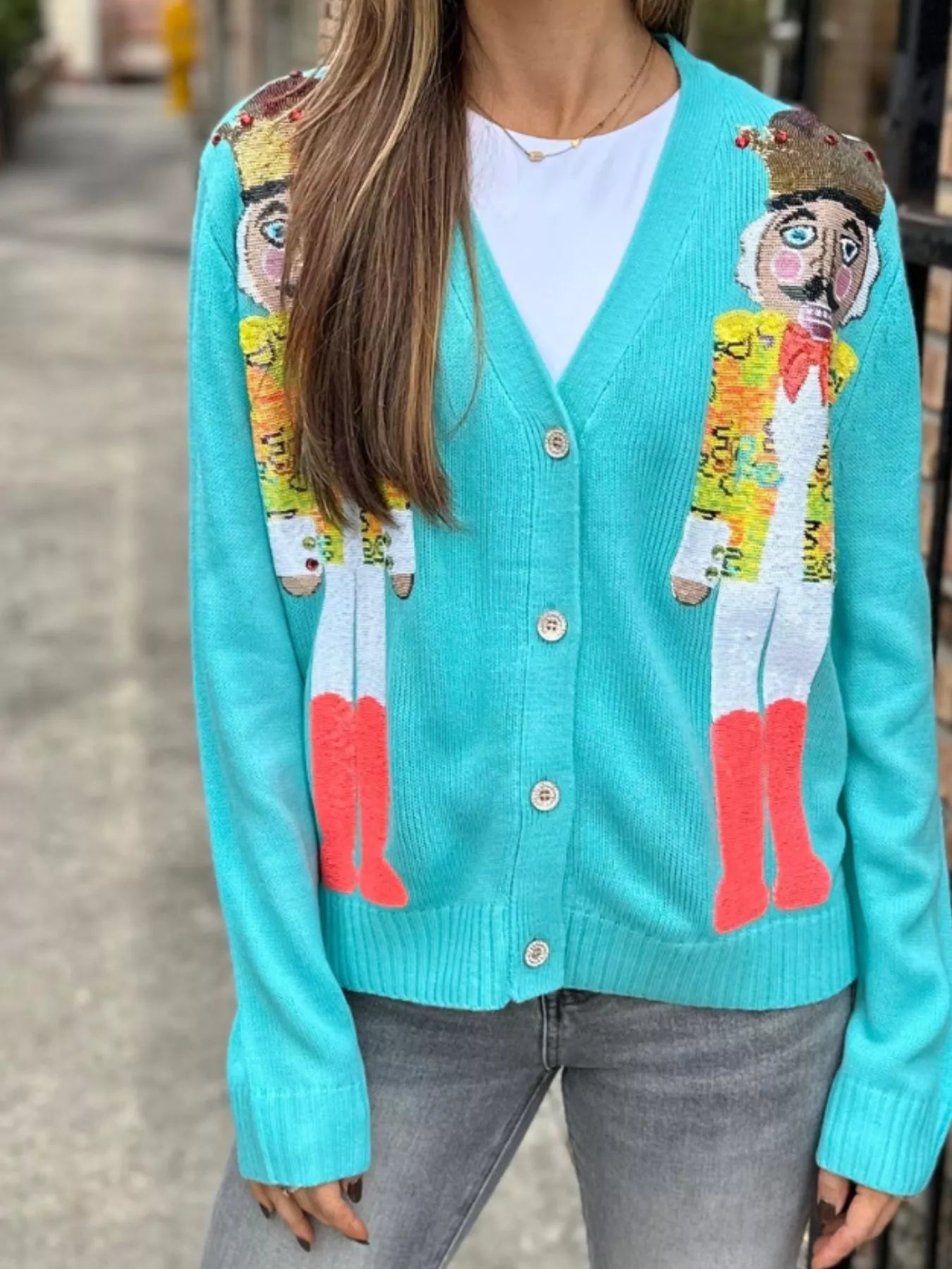 Nutcracker Ribbed Hem V-Neck Cardigan Trendsi