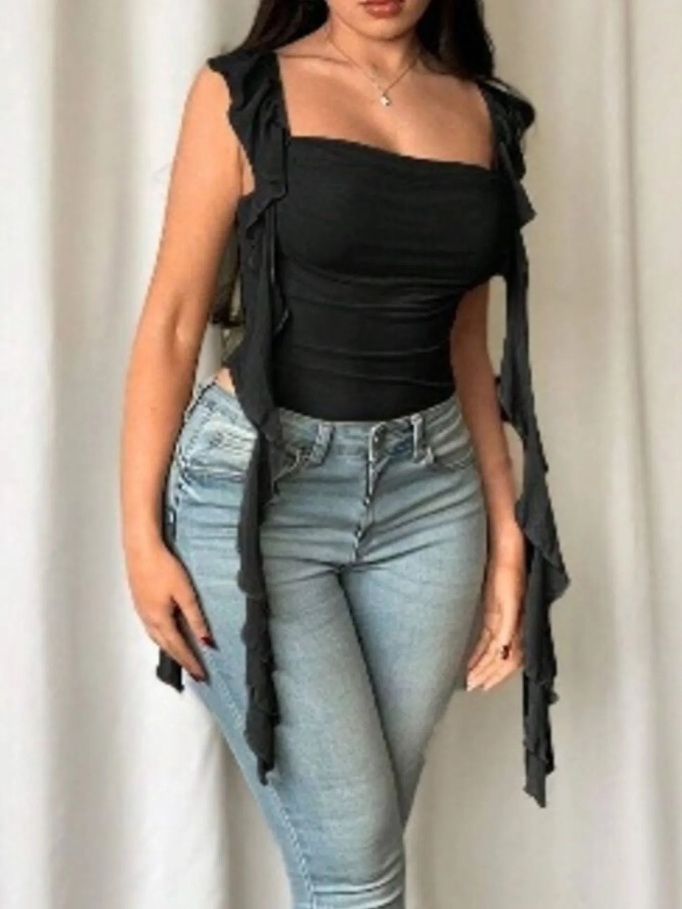 Ruffled Square Neck Bodysuit OutfitFlow