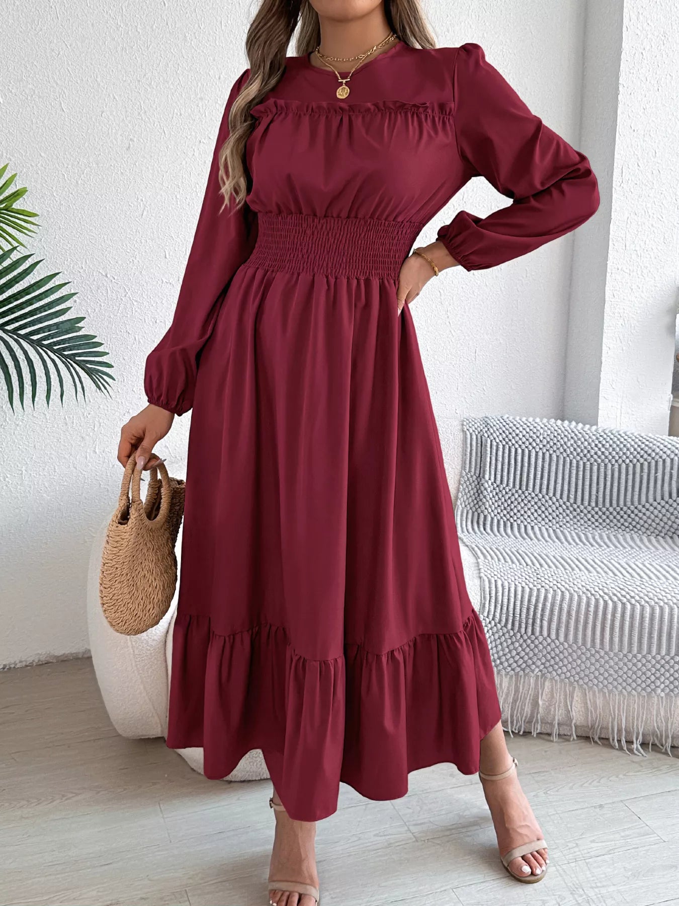 Round Neck Balloon Sleeve Tiered Dress Burgundy OutfitFlow