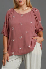 Umgee Full Size Linen Blend Ribbon Embroidered Top Plus Size OutfitFlow