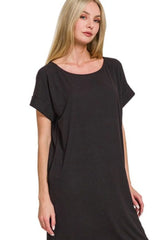 Zenana Rolled Short Sleeve Round Neck Dress OutfitFlow