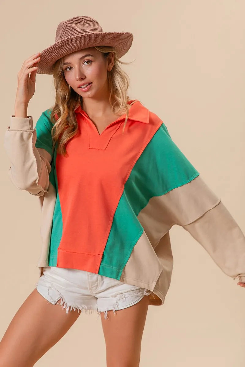 BiBi Colorblock Exposed Seam French Terry Sweatshirt OutfitFlow