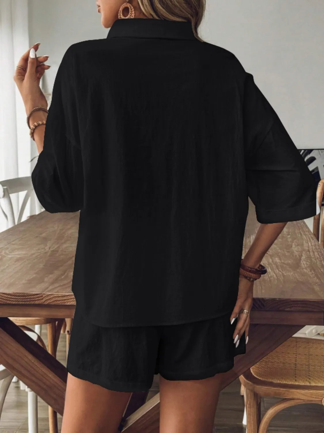 Collared Neck Half Sleeve Top and Shorts Set OutfitFlow