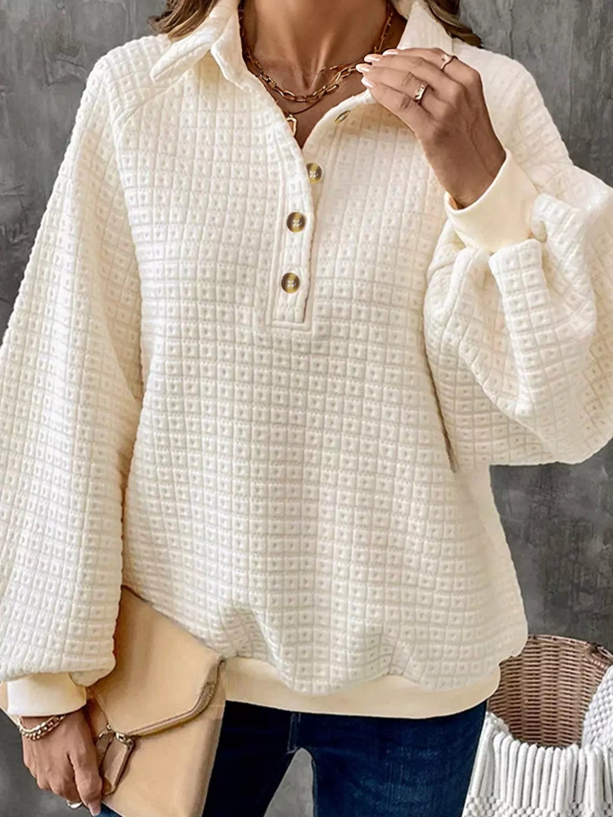 Textured Half Button Collared Sweatshirt Cream OutfitFlow