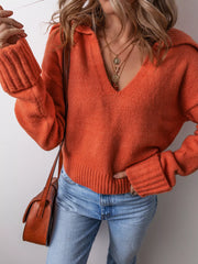 Collared V Neck Ribbed Edge Sweater OutfitFlow