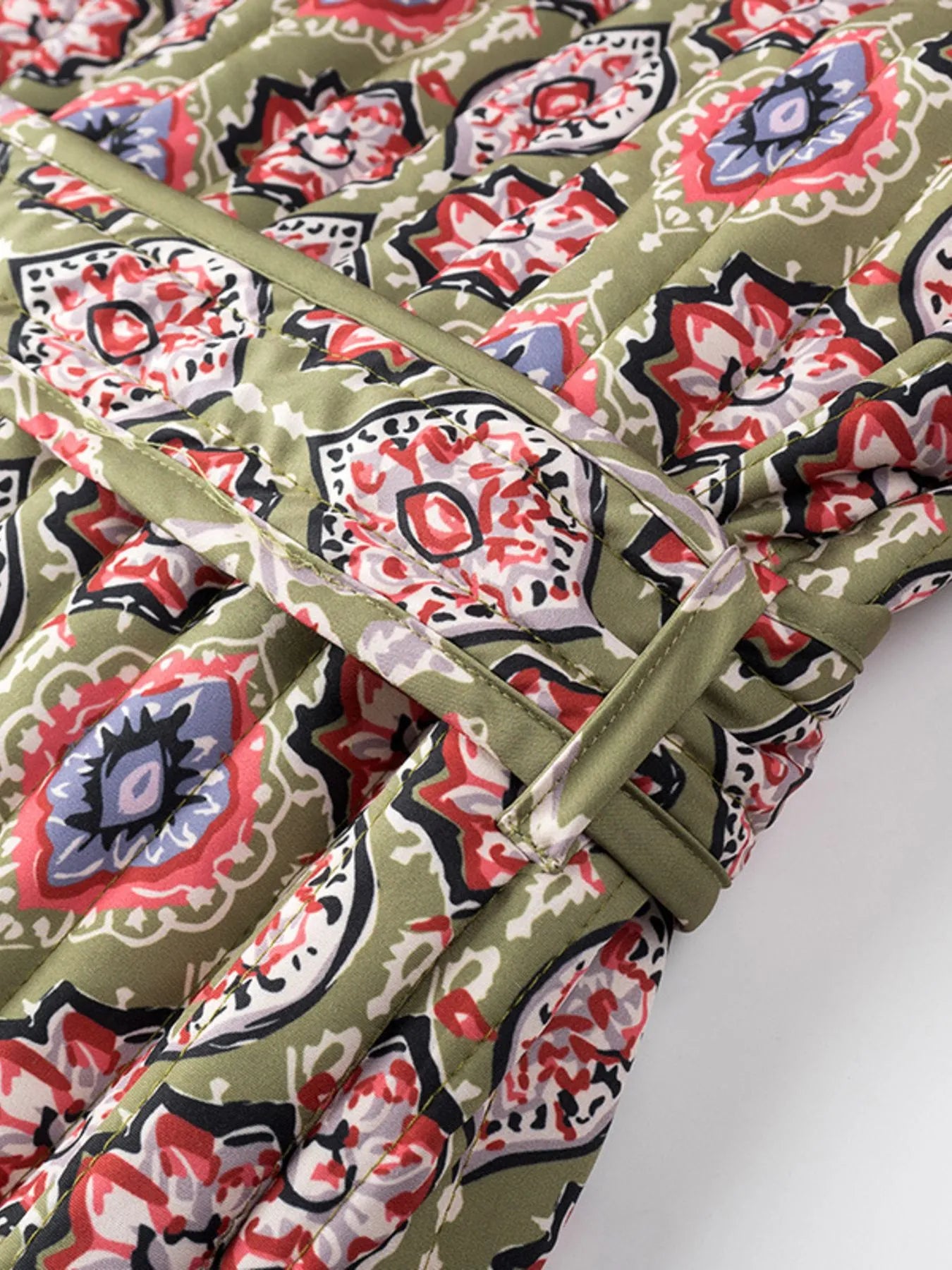 Belted Open Front Floral Winter Coat Trendsi