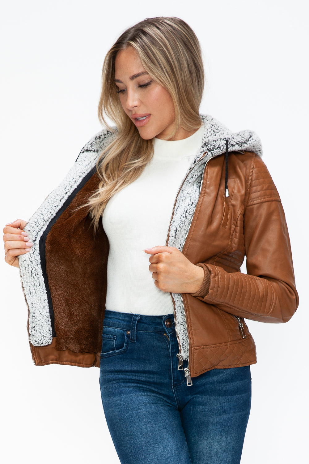 Outfit Flow - YMI Faux Layered Double-Zipper Jacket with Fuzzy Hood