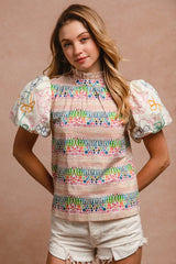 BiBi Ruffle Neckline Blouse With Embroidery Bubble Sleeve OutfitFlow
