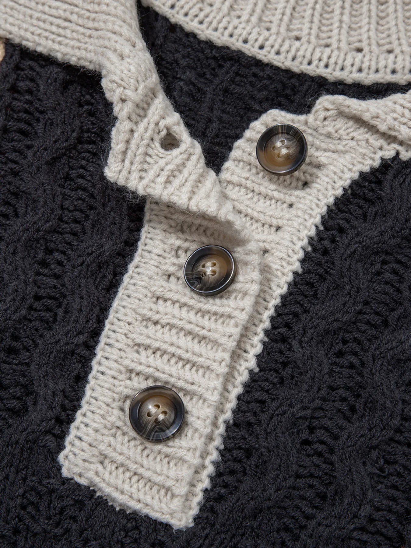 Multicolour Color Block Cable Knit Sleeve Buttons Collared Sweater OutfitFlow