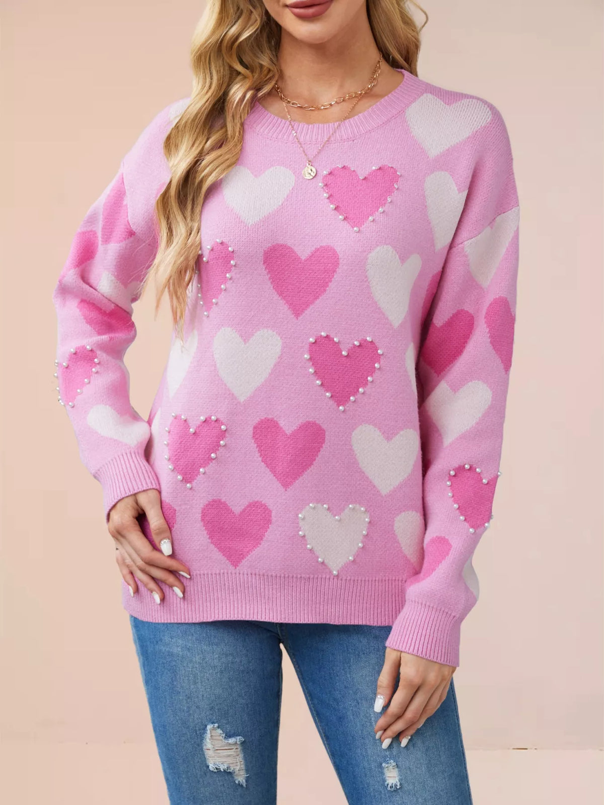 Heart Pattern Beaded Round Neck Sweater Rose Red OutfitFlow