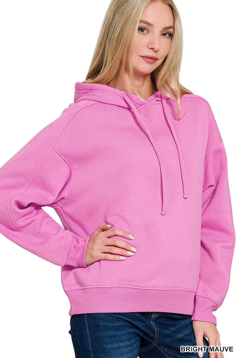 Zenana Drawstring Relaxed Fit Fleece Hoodie BRIGHT MAUVE OutfitFlow