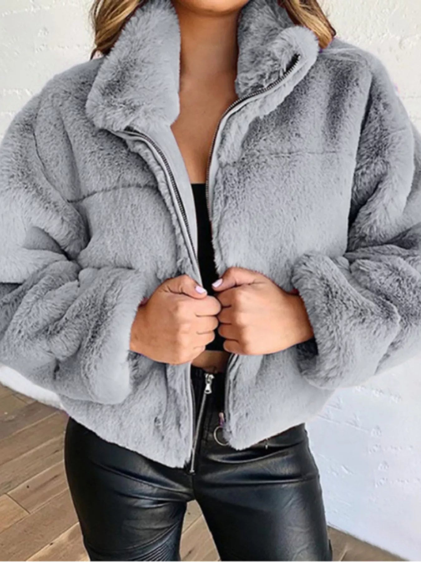 Full Size Faux Fur Cropped Zip-Up Jacket Plus Size Grey Trendsi