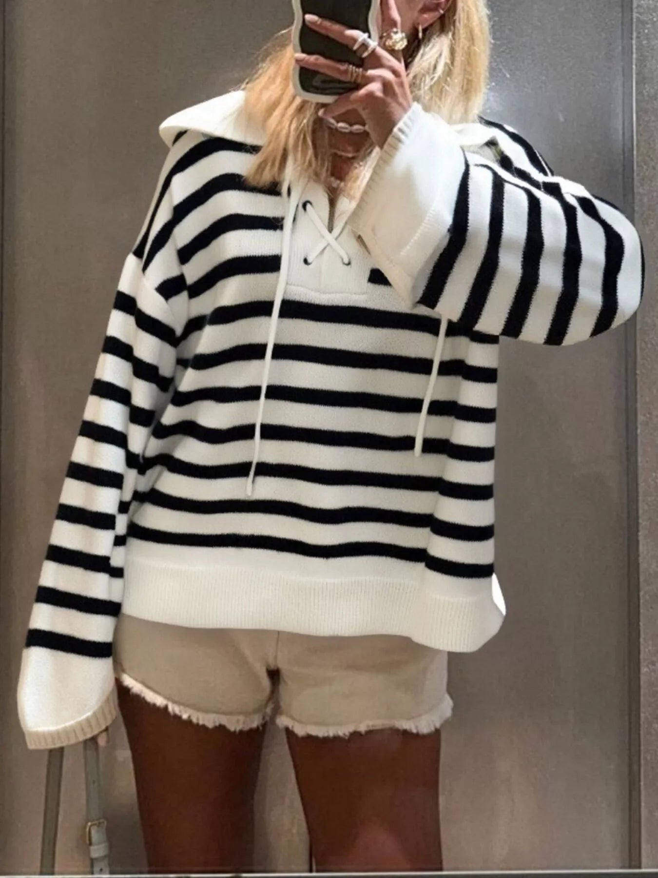 Striped Lace-Up Long Sleeve Sweater Black OutfitFlow