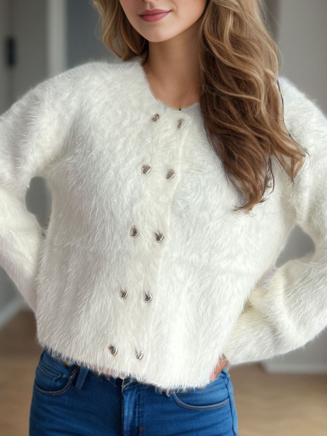 Outfit Flow - Heart Button Round Neck Cardigan