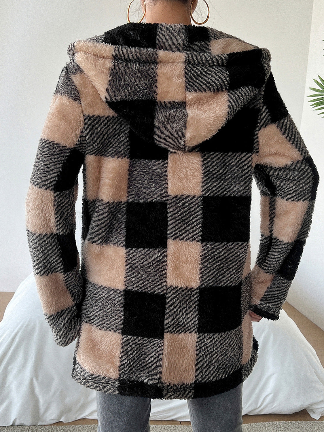 Devine Fuzzy Plaid Open Front Hooded Jacket