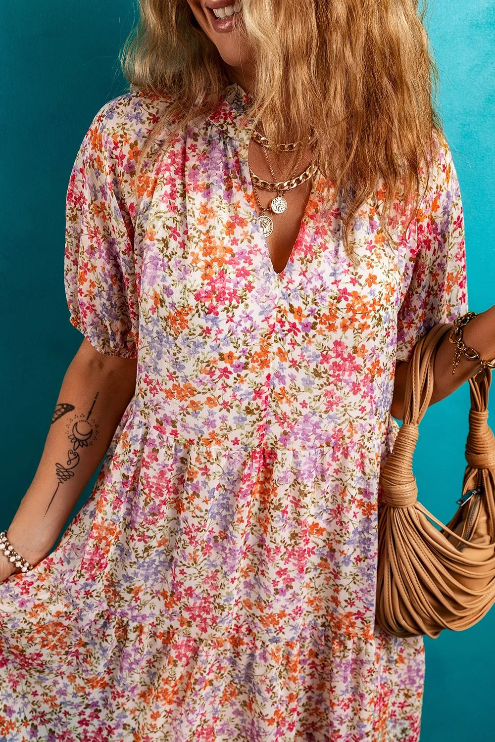 Floral Puff Sleeve Notched Tiered Mini Dress OutfitFlow