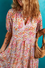Floral Puff Sleeve Notched Tiered Mini Dress OutfitFlow